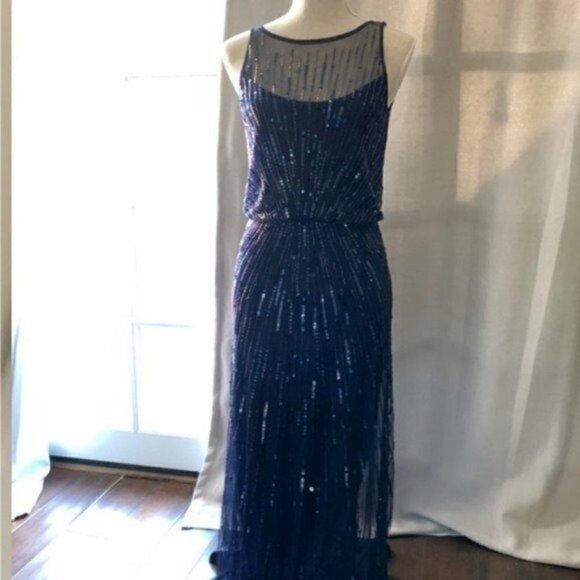 Aidan Mattox High Neck Navy Beadded Floor Length Dress - Dress for Wedding Guest - Picture 2 of 9